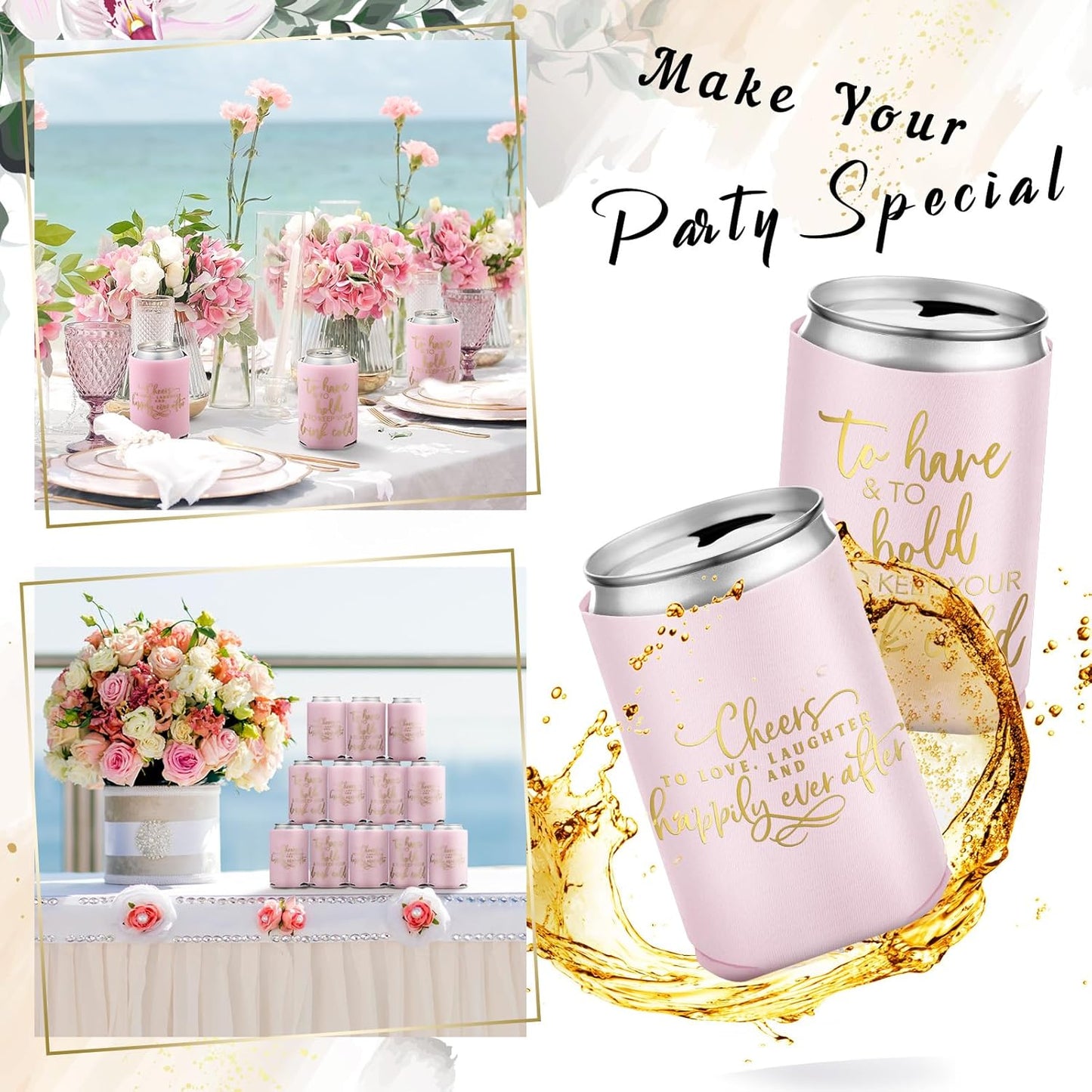 50 Pieces Pink Rose Wedding Can Cooler Bulk Engagement Party Favors for Guests Cheers to Love Laughter and Happily Ever After Rehearsal Dinner Decorations for Wedding Bridal Party