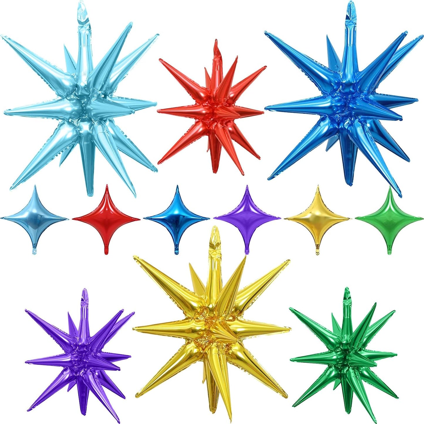 Colorful Star Balloons 12pcs, 27/22 Inch Foil Rainbow Star Explosion Balloons, Large Spike Mylar Cone Balloon, Multicolor Fireworks Shape Balloon Party Decor for Birthday Graduation