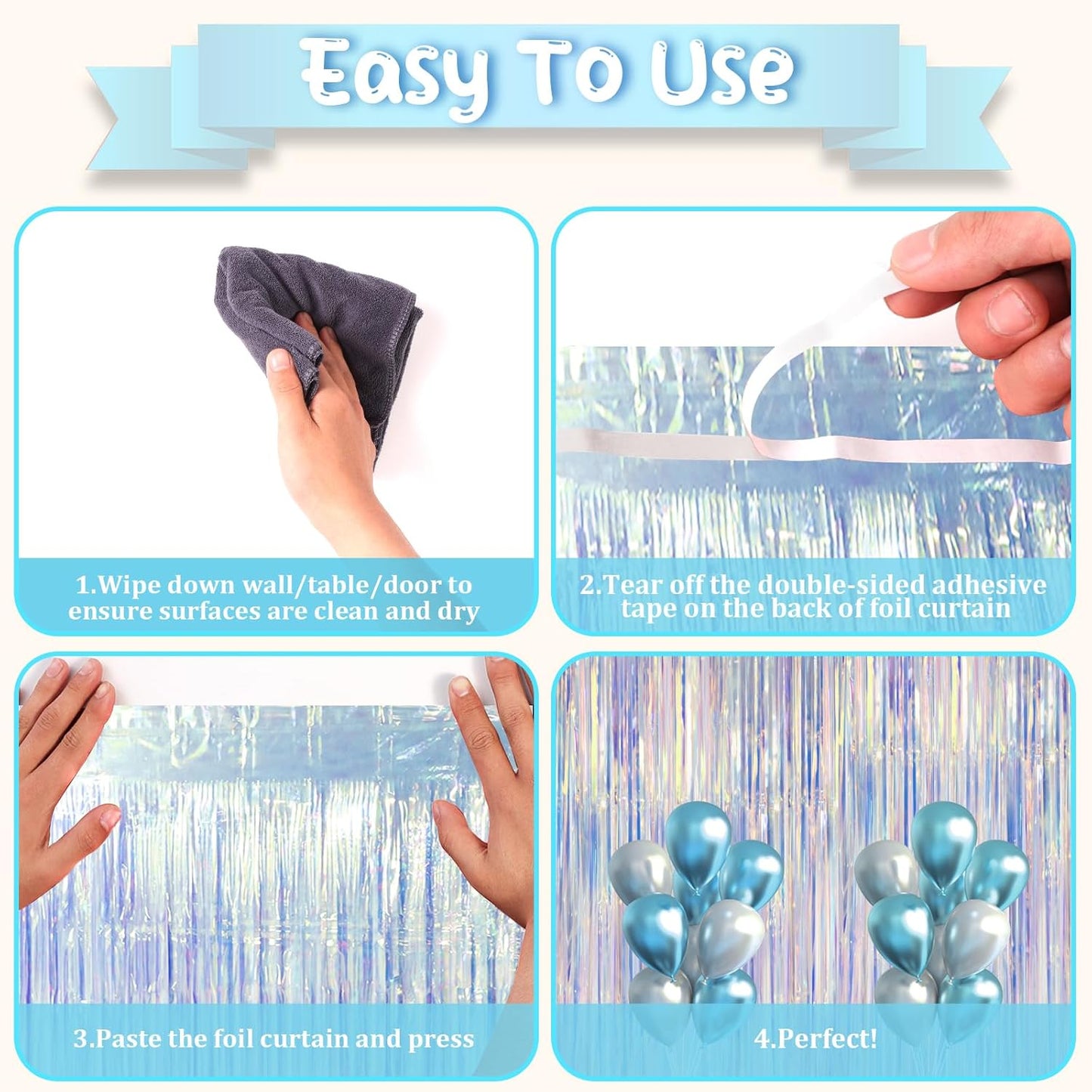2 Pack Iridescent Foil Fringe Curtains, Holographic Tinsel Streamers Birthday Party Decorations, Fringe Backdrop for Kids Birthday, Baby Shower, Anniversary, Engagement Themes Party