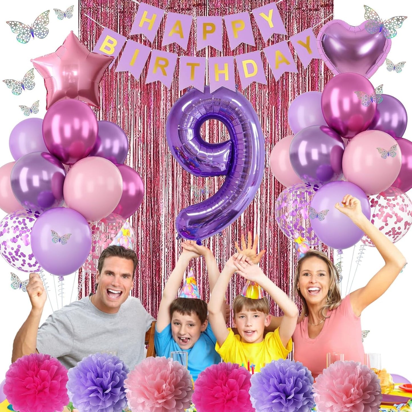 Pink Purple 9th Birthday Party Decorations for Girls Number 9 Balloon Happy Birthday Banner Butterfly Stickers Fringe Curtain Paper Pom Poms Metallic Hot Pink Star Foil Balloons 9 Year Old Princess