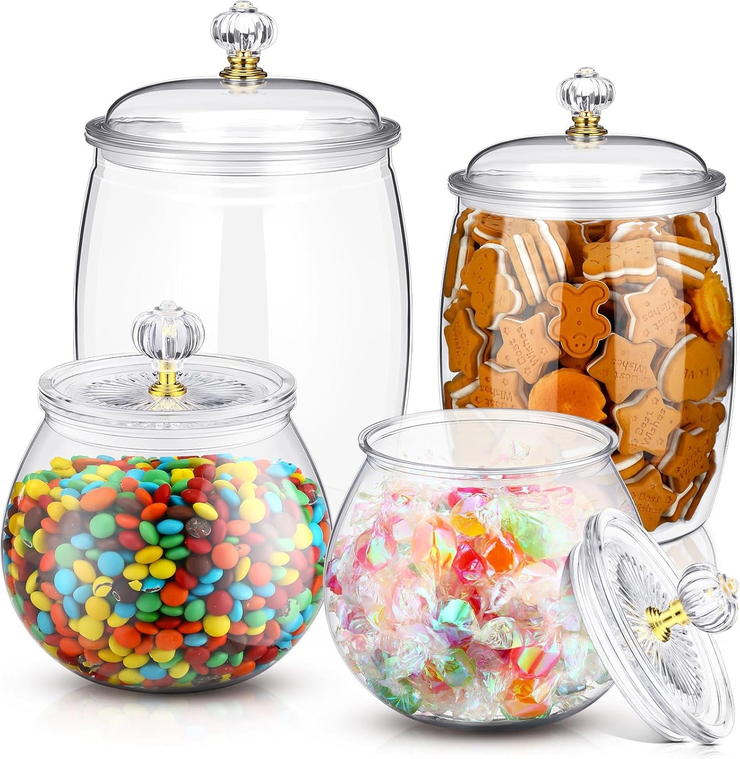 Nuogo 4 Pcs Plastic Candy and Cookie Jars with Lids Clear Cookie Container Candy Jars Large Airtight Apothecary Storage Organization for Wedding Home Kitchen Bar(30/42/64 oz)