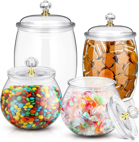 Nuogo 4 Pcs Plastic Candy and Cookie Jars with Lids Clear Cookie Container Candy Jars Large Airtight Apothecary Storage Organization for Wedding Home Kitchen Bar(30/42/64 oz)