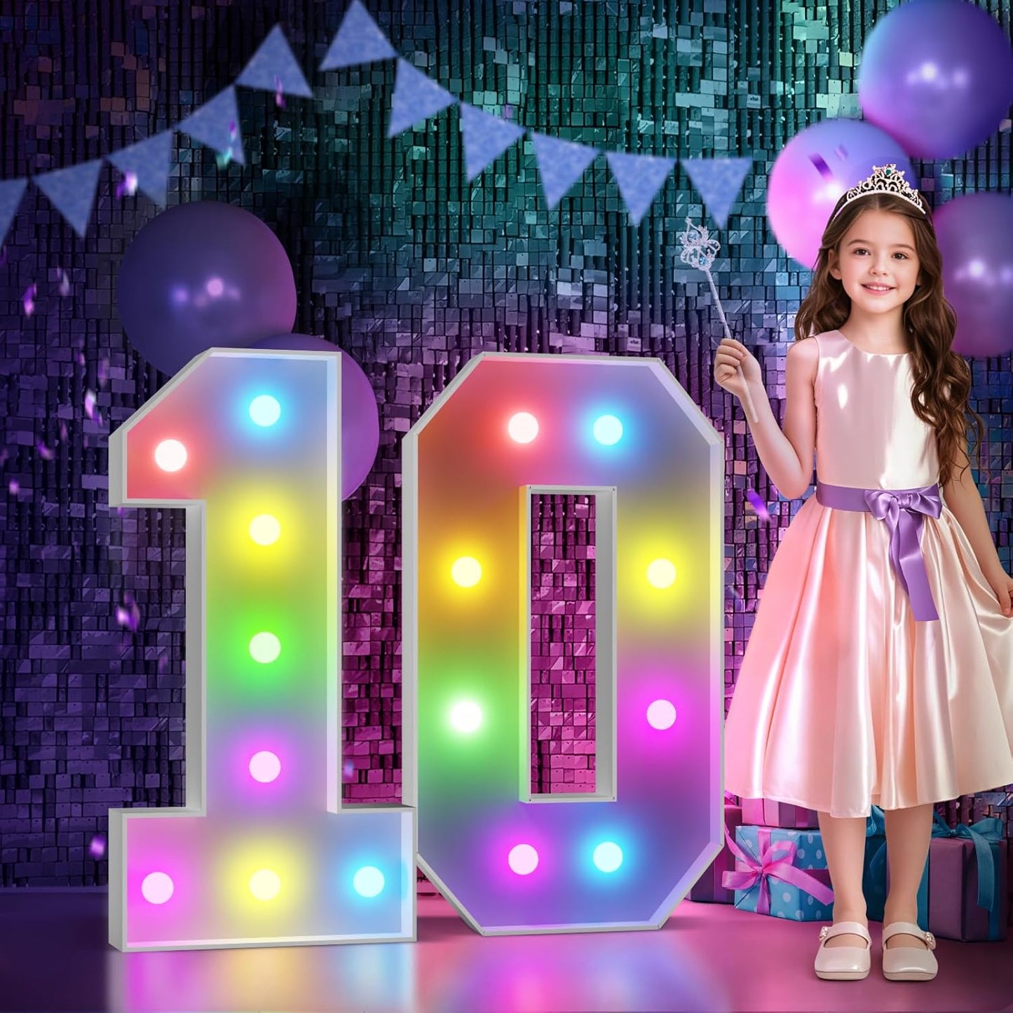 Marquee Numbers 10th-Birthday Decoration: Colorful 3FT Large Light Up 10 Year Old Birthday Decorations Anniversary Backdrop for Boys Girls Cardboard Sign 18 Colors Number 10 Mosaic Balloon Frame