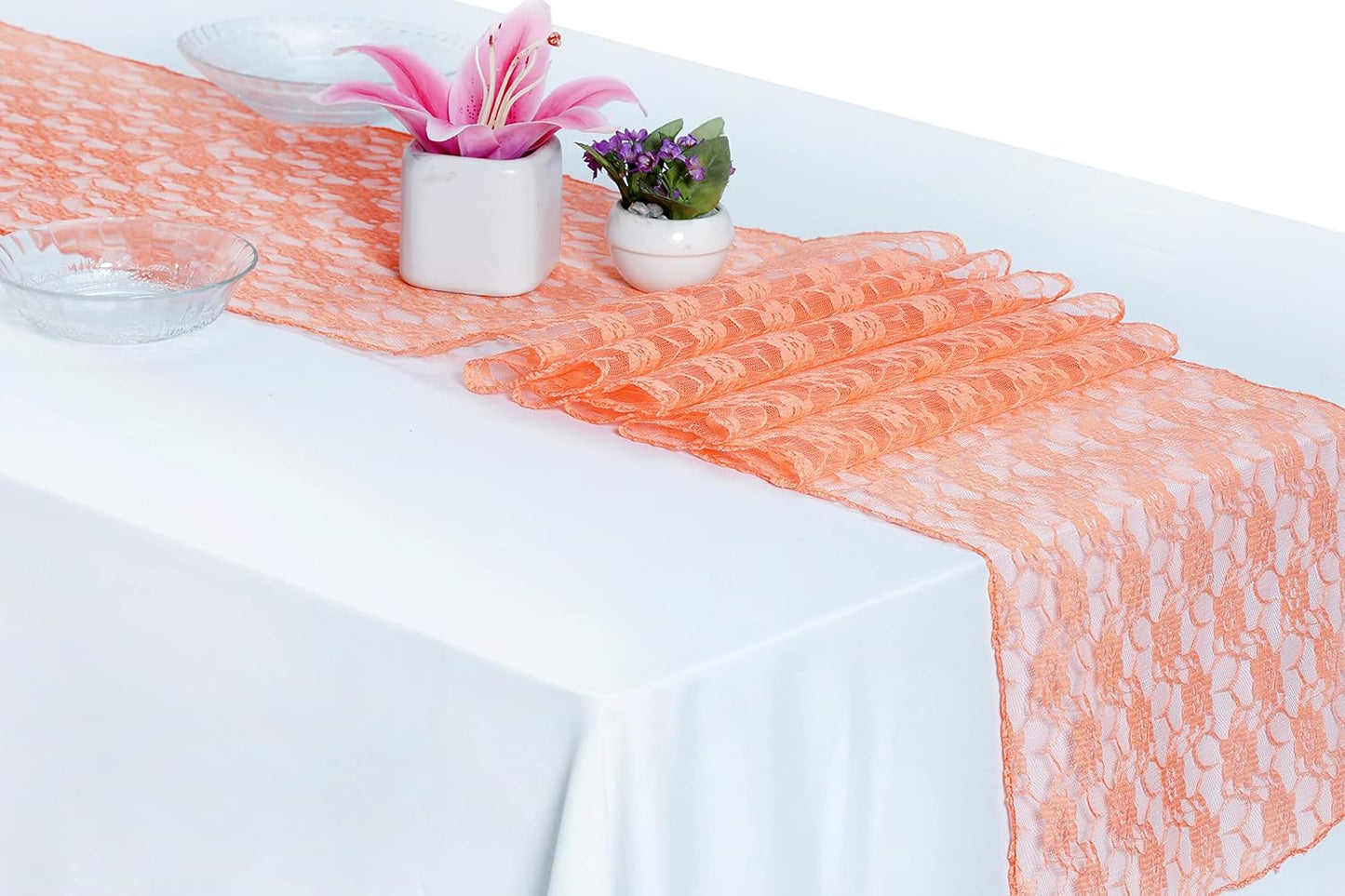 MDS Pack of 10 Wedding 12 x 108 inches Lace Table Runner for Wedding, Decorations for Birthday Parties, Banquets, Graduations, Engagements, and Runners fit Rectangle, Round Table- Peach