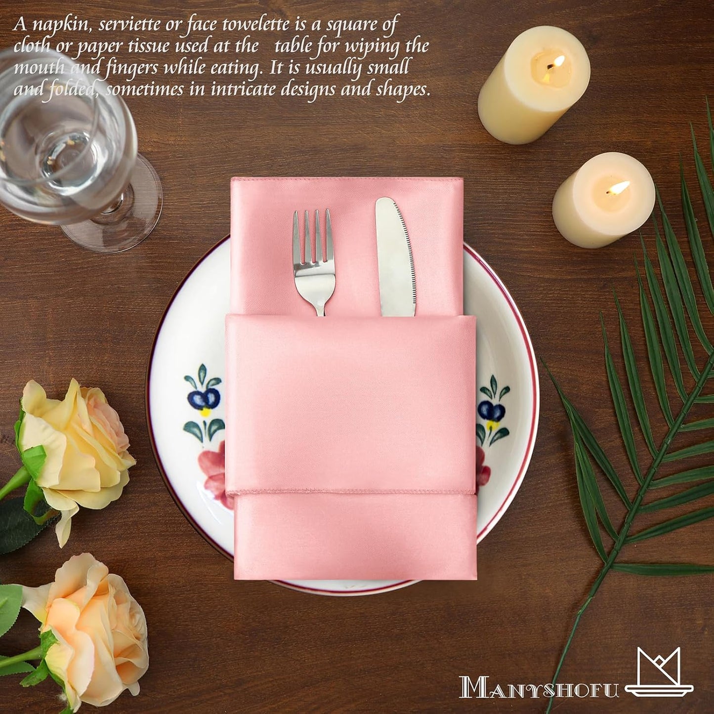 Manyshofu 60 Piece Blush Satin Napkins - 20x20 Inch Square Fabric Napkins for Wedding Dinner Party Lunch