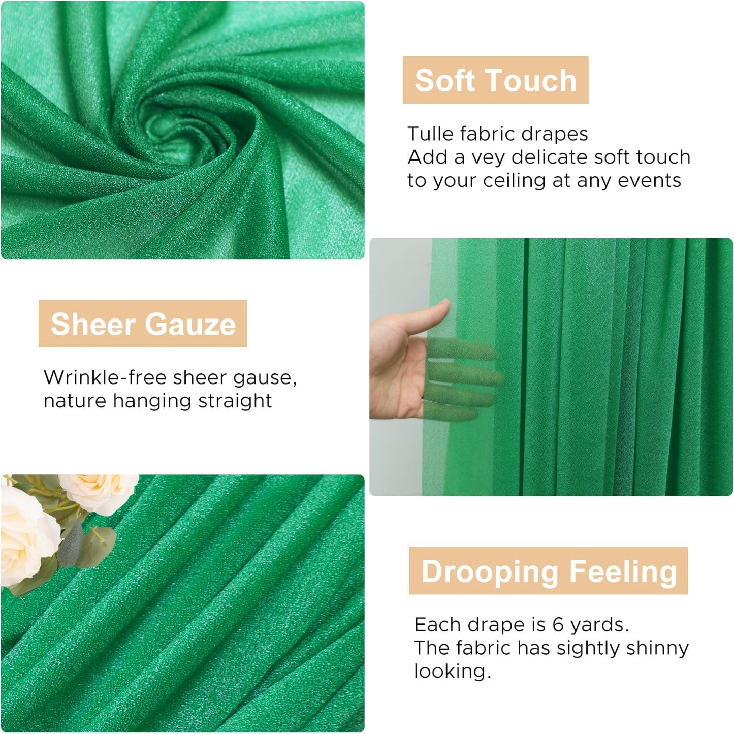 Wokceer Emerald Green Wedding Arch Draping Fabric Backdrop 4 Panels 28.7" X 20FT Sheer Drapes Fabric for Wedding Arbor Ceremony Party