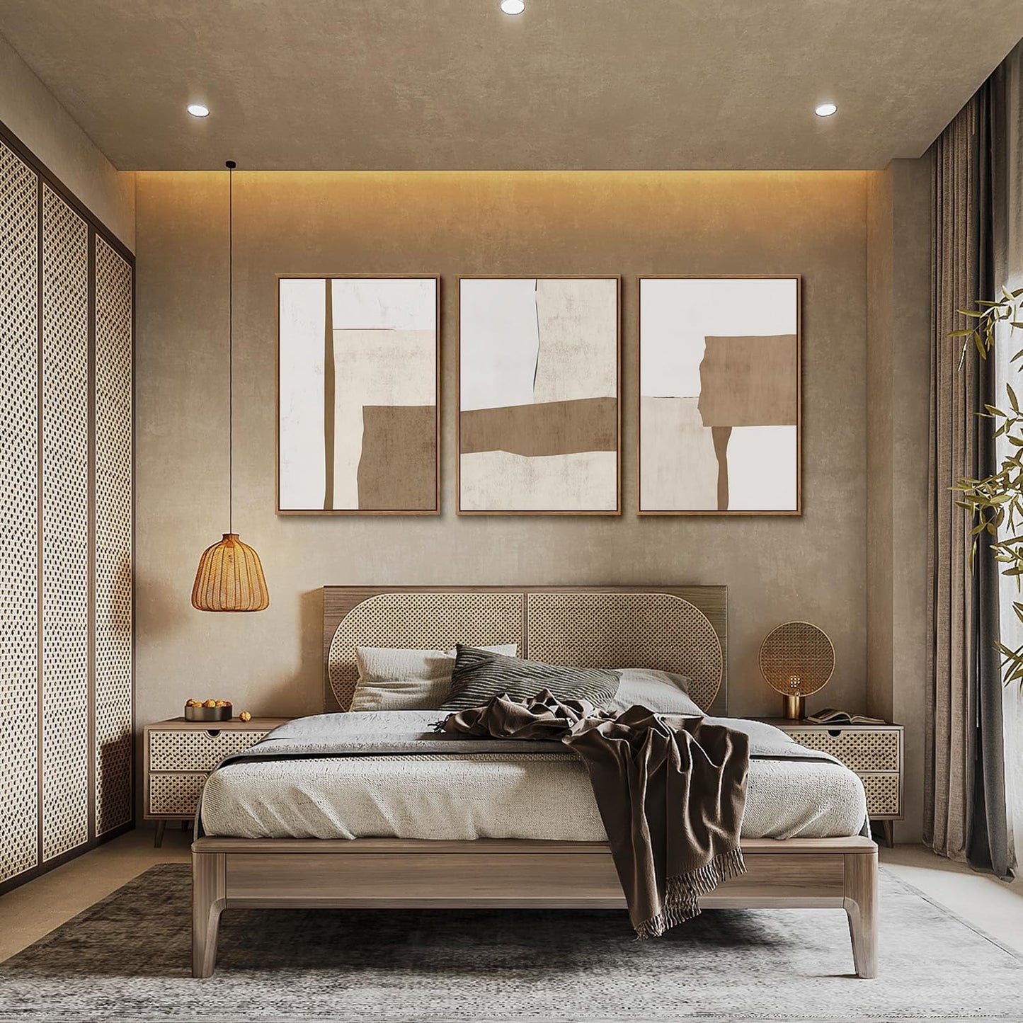 myusuar 3 Piece Large Modern Abstract Canvas Framed Wall Art For Living Room, Brown And Beige Block Minimalist Wall Art Decor Posters Prints For Bedroom Office, 12x16in