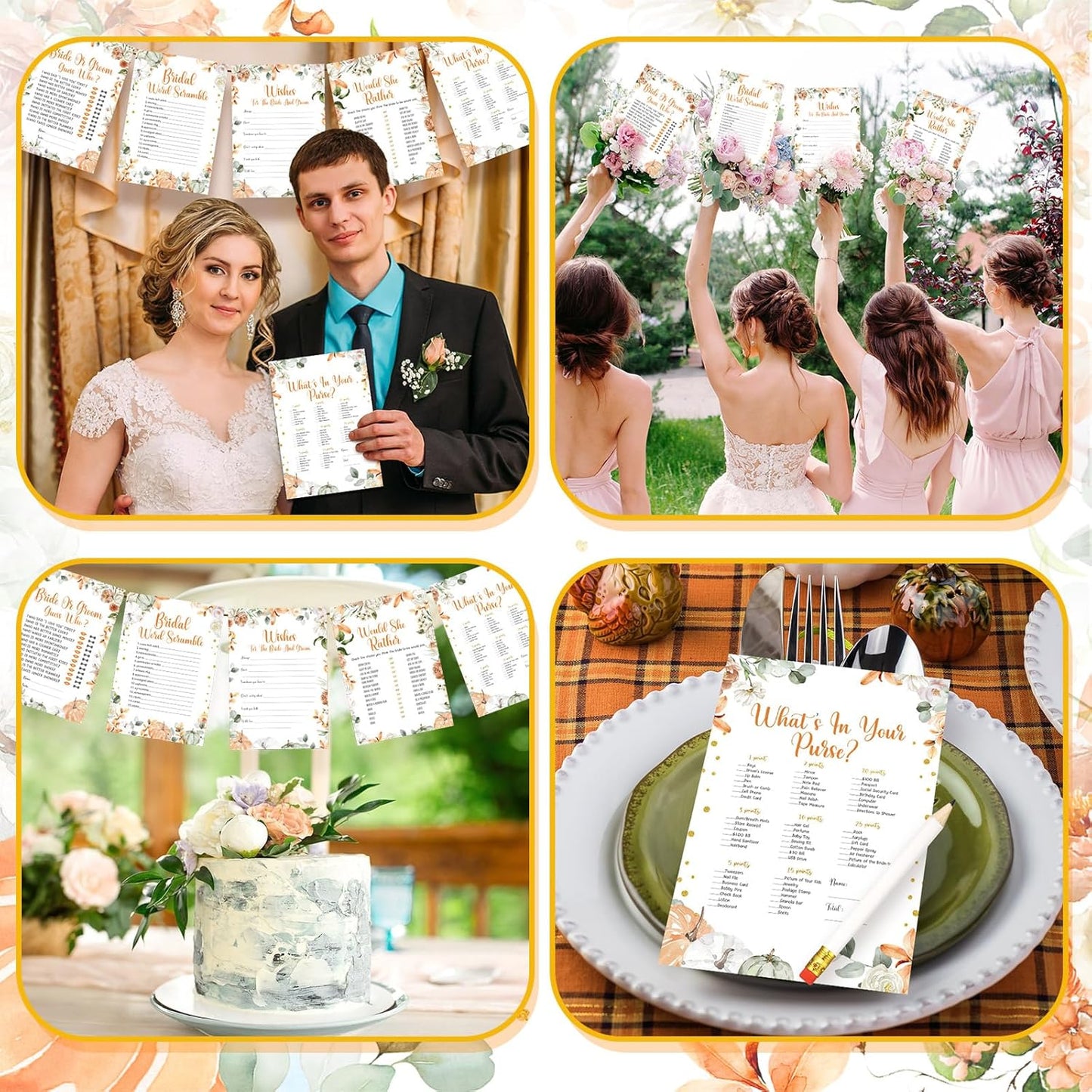 Teling 145 Pieces Bridal Shower Game Bridal Shower Favors Set Wedding Games Cards and Pencils for Bride Groom Bachelorette Party Wedding Party Favor(Little Pumpkin Style)