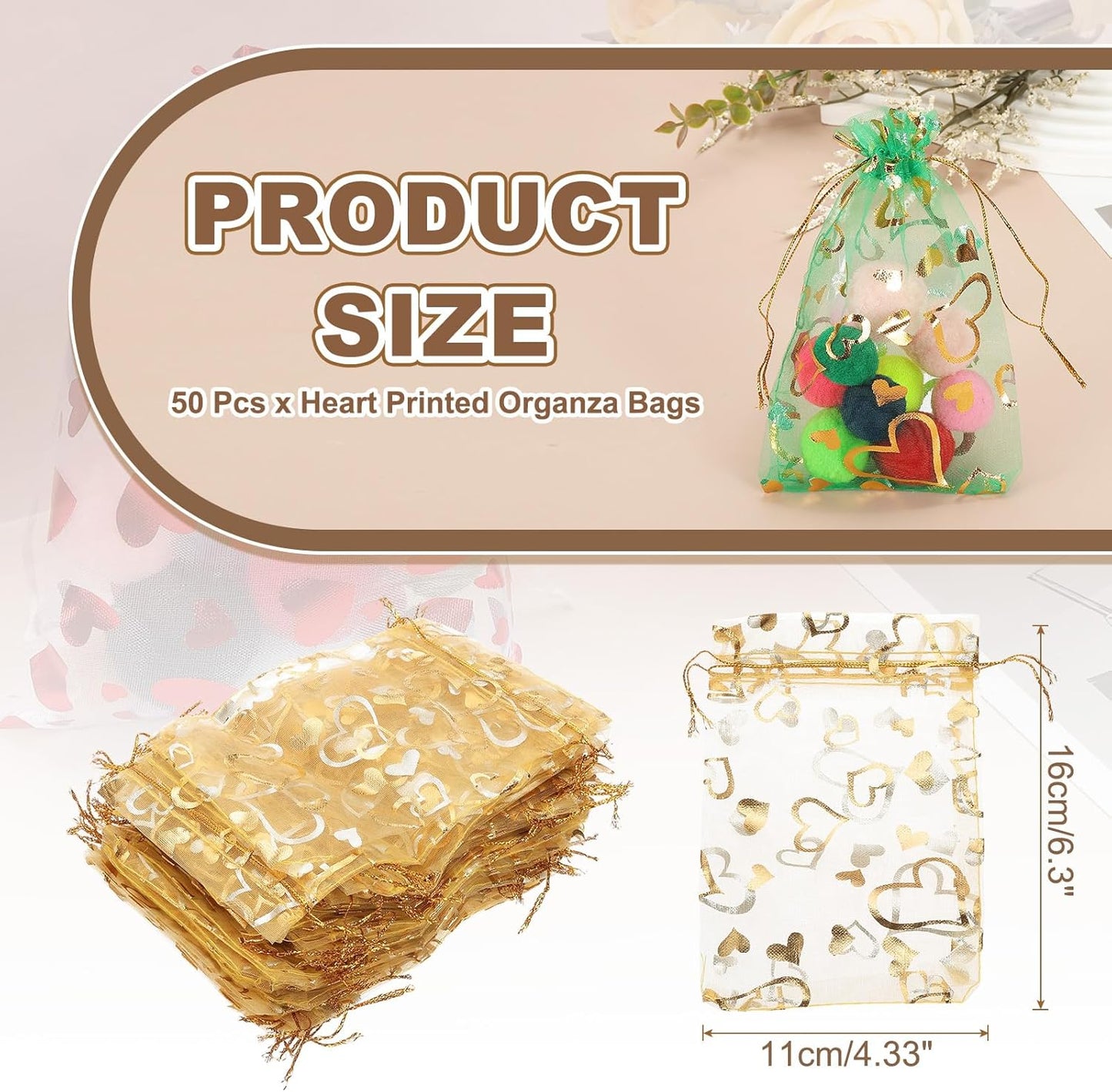 PATIKIL 50 Pcs 4x6 Inch Heart Printed Organza Bags, Gold Sheer Heart Organza Bags with Drawstring for Christmas Candy Jewelry Party Wedding Favor Gift