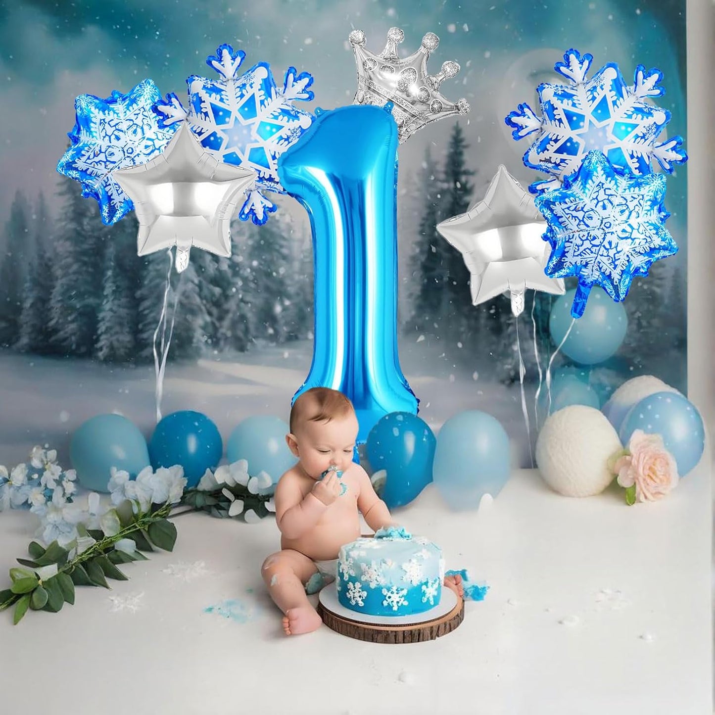 8Pcs Winter Wonderland Decorations - 40inch Blue Number 1 Balloons - Snow Balloons for Winter Birthday Decorations - Party Supplies