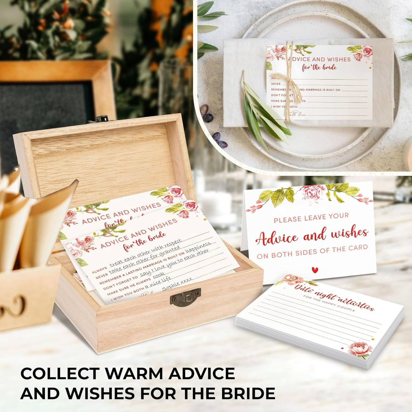 Advice For The Bride Cards - 50 Pcs Wedding Advice Cards For Bridal Shower Decorations, Marriage Advice And Wishes Cards For Engagement Party Games, Advice Box For Wedding Shower Decor