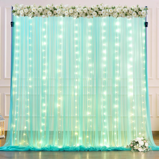 Sage Green Tulle Backdrop Curtains with Lights String for Parites 10x10ft Sheer Backdrop Curtains Drapes for Birthday Party Bridal Shower Baby Shower Christmas Wall Photo Booth Background Decorations