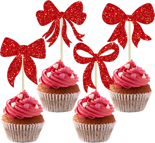 Gyufise 36Pcs Bow Cupcake Toppers Glitter Bowknot Cupcake Picks Bow Tie Birthday Decorations Princess Bow Cupcake Decorations for Bowknot Theme Baby Shower Birthday Party Supplies Red