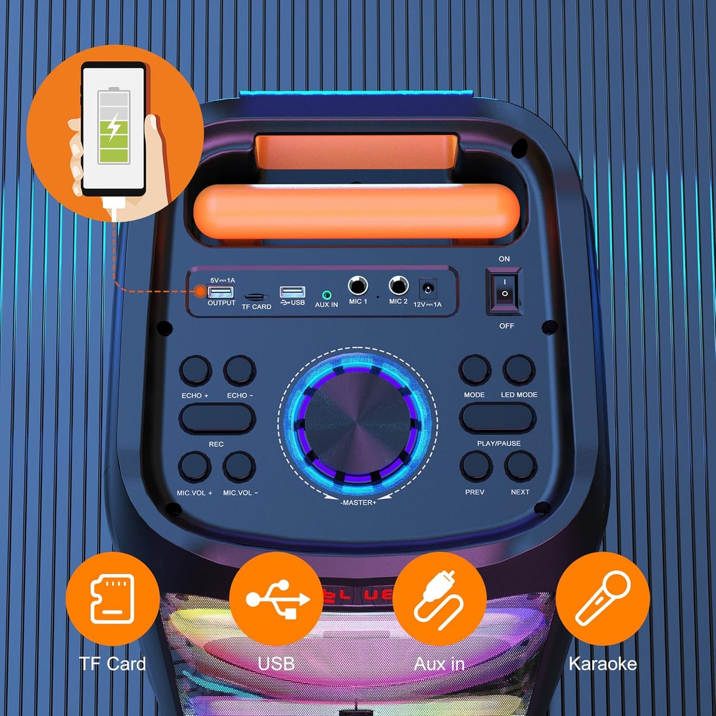 JYX Karaoke Machine with 2 Wireless Microphones, 8" Big Portable Bluetooth Speaker for Adults with RGB Light PA System Treble & Bass, Support TWS/USB/AUX/TF Card/REC, for Home Party Outdoors
