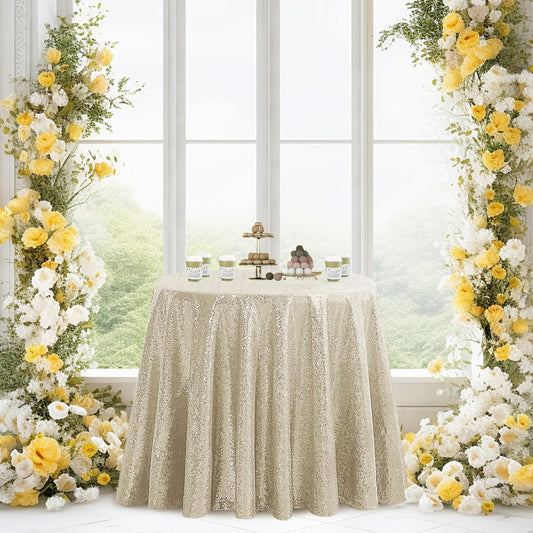 OQSQ Champagne Round Sequin Tablecloth, Glitter Tablecloth for Bridal Shower Decorations, Birthday, Wedding, Dessert, Banquet（50X50 inch Round,Champagne）