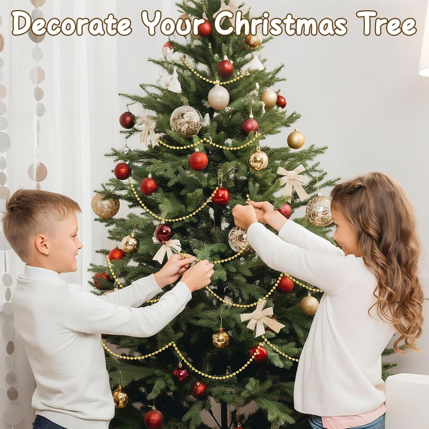 Pearl Beads Garland, 6 MM Gold Faux String of Pearls, Pearl Garland for Christmas Tree 82FT Pearl Beads Strand Spool Bead Roll for Crafts Floral Centerpieces Wedding Party Christmas Tree Decorations