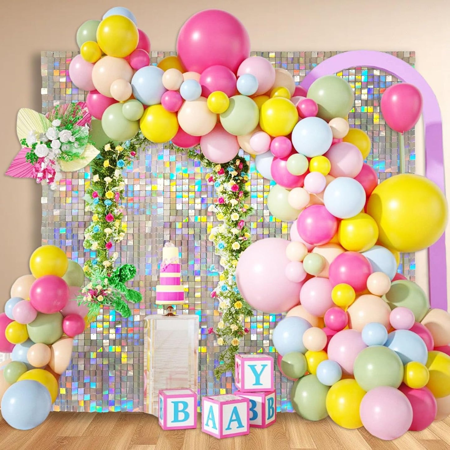 24PCS Colorful Shimmer Wall Backdrop, Square Sequin Backdrops Panel, Glitter Wall Background for Birthdays, Weddings, Graduation, Engagements, Disco Bachelorette Party Decoration (4FTx6FT)