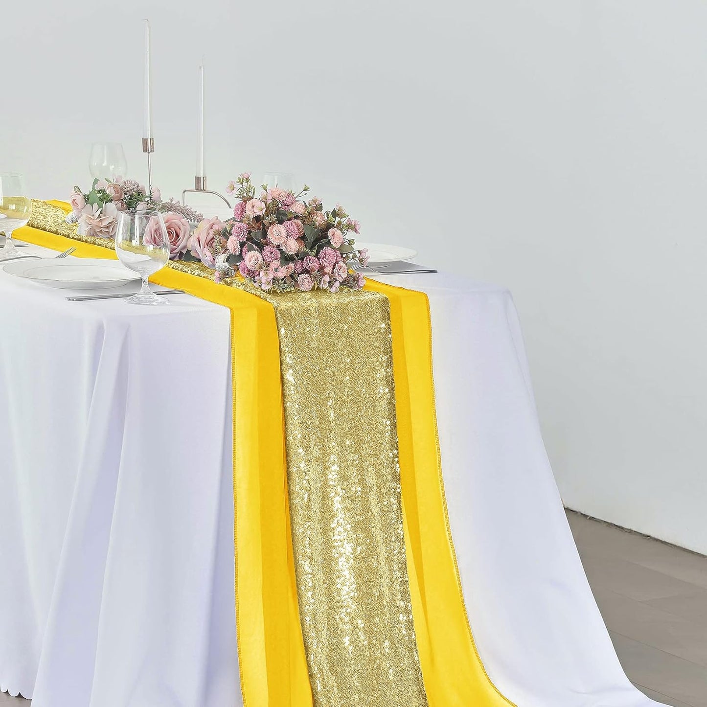 2 Pack 10Ft Chiffon Yellow Table Runner Sheer 29x120 Inch for Romantic Wedding Decor Bridal & Baby Shower Birthday Rustic Party Decoration