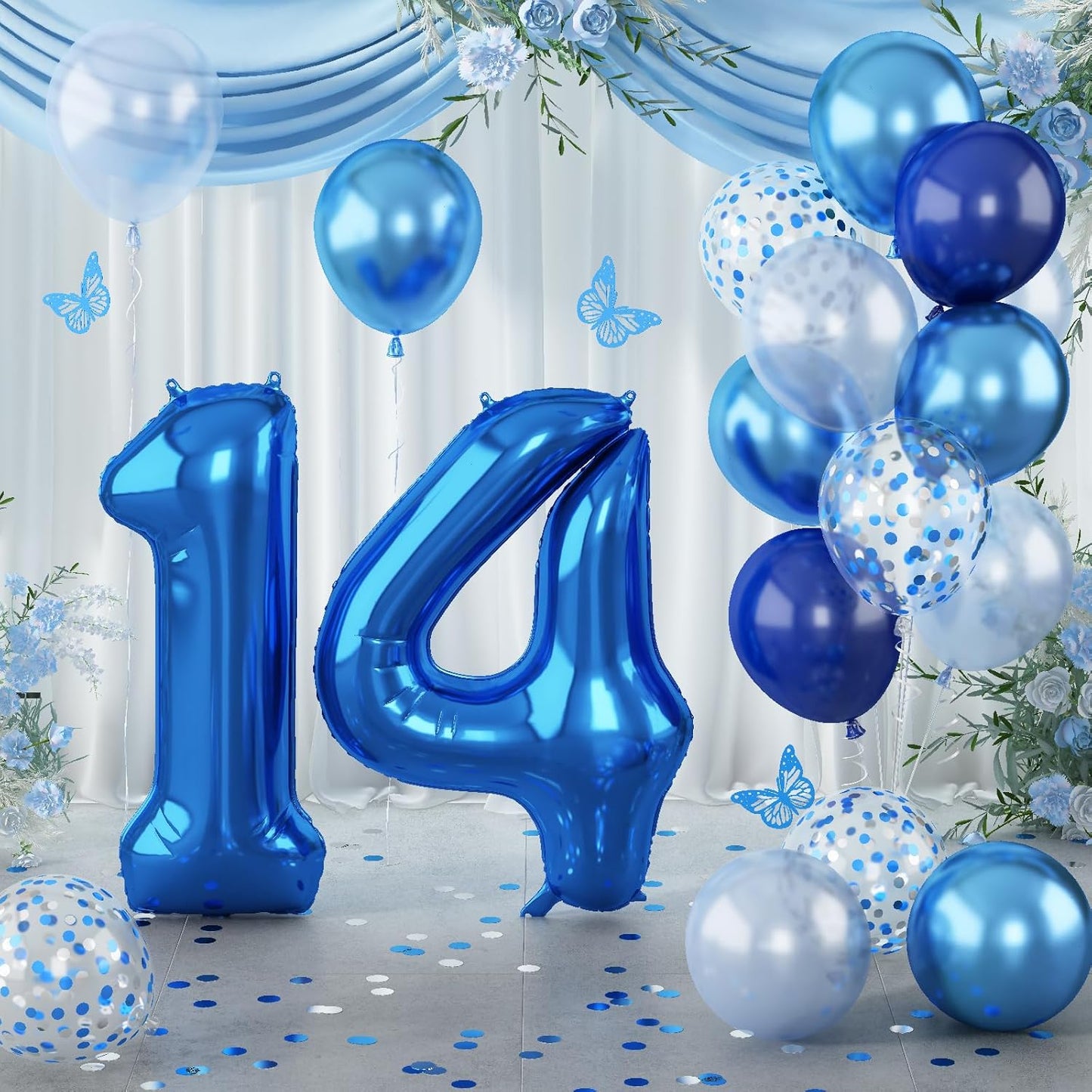 Large Foil Number 14 Balloons, Big Light Navy Blue 14 Helium Balloon with Metallic Silver Confetti Balloon for Boy 14th Birthday Party Decor, Mylar Self Inflating 14 Balloon for Graduation Decorations