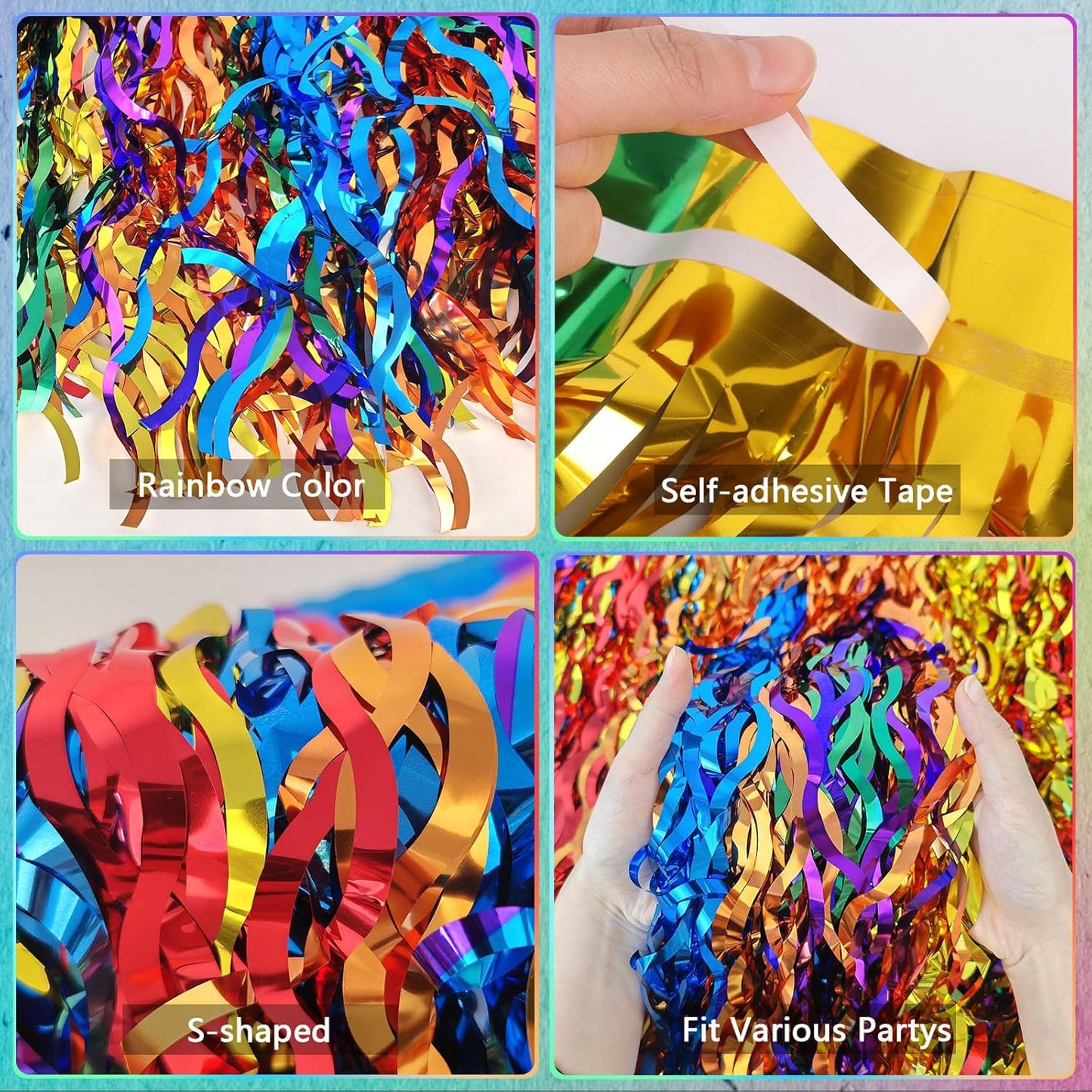 CCINEE 4 Packs Foil Fringe Table Skirt for Rainbow Party Decorations, 36ft Wavy Metallic Tinsel Foil Fringe Desk Skirt for Fiesta Birthday Wedding Pride Party DíA De Muertos Table Decorations