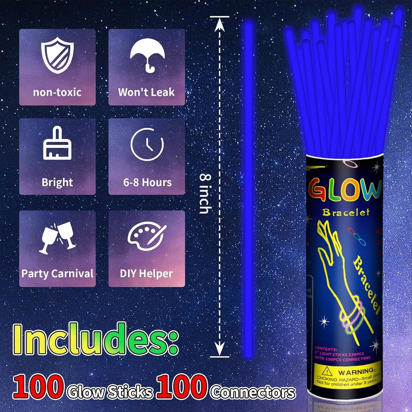 100 Pack 8” Blue Glow Sticks Bulk with 100 Connectors Neon Glow In The Dark Party favors Supplies for Holiday Birthday Party Decoration (Blue)