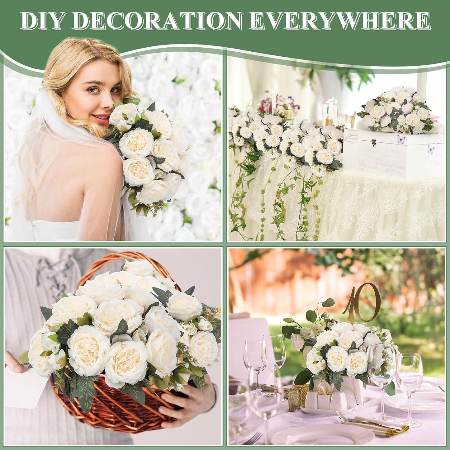 8 Bundles Artificial Peonies Flowers Boho Faux Flowers Arrangements Artificial Centerpiece Spring Bouquet Floral Wedding Decoration for Vase(Milk White)