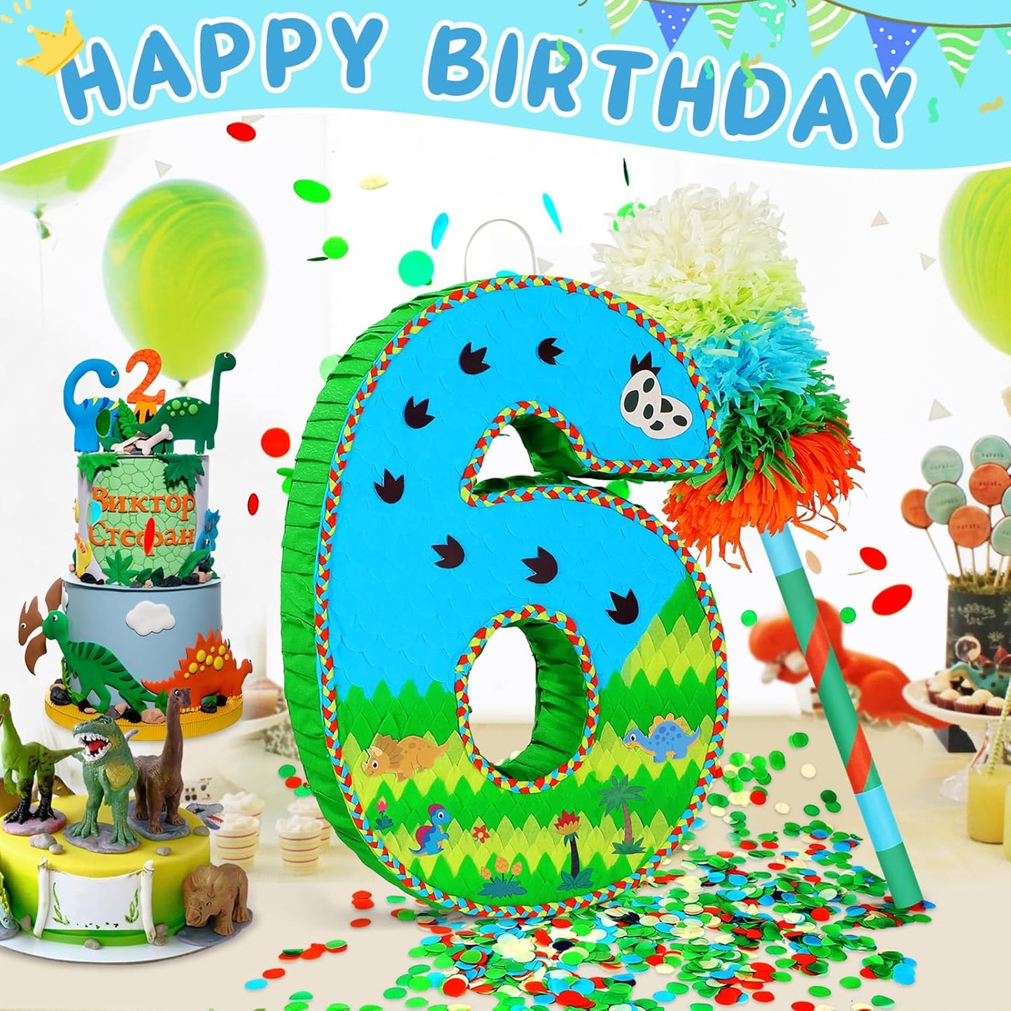 Number 6 Pinata for Birthday Party Decorations, Jungle Dinosaur Piñata Games Toy (6th)