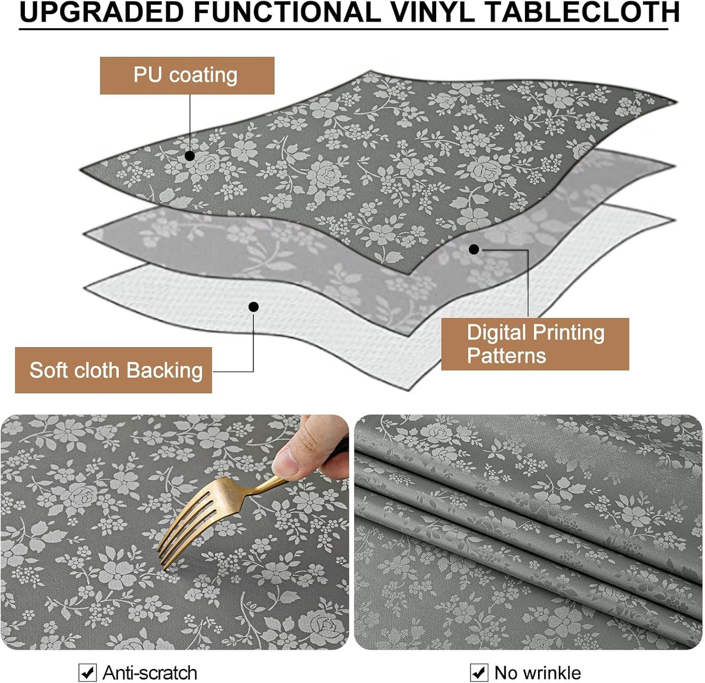 Smiry Round Table Cloth, Waterproof Heavy Duty Vinyl Tablecloths, Wipeable Washable Table Cover for Kitchen and Dining Room (Grey, 70" Round)