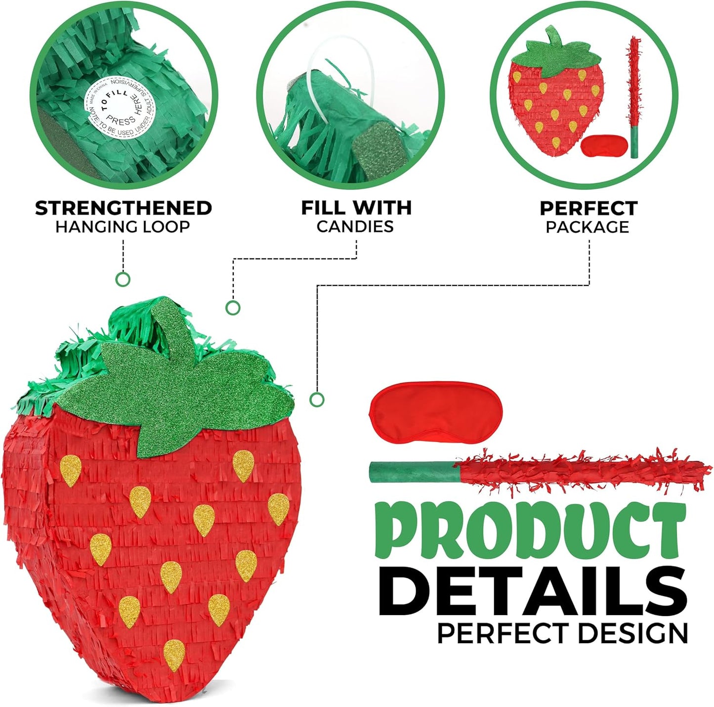 Strawberry Pinatas Bundle with a Blindfold and a Bat(16.5 x 12 x 3.5 Inches), Perfect for kid's Birthday Parties, Fruit Theme Parties, Decorations
