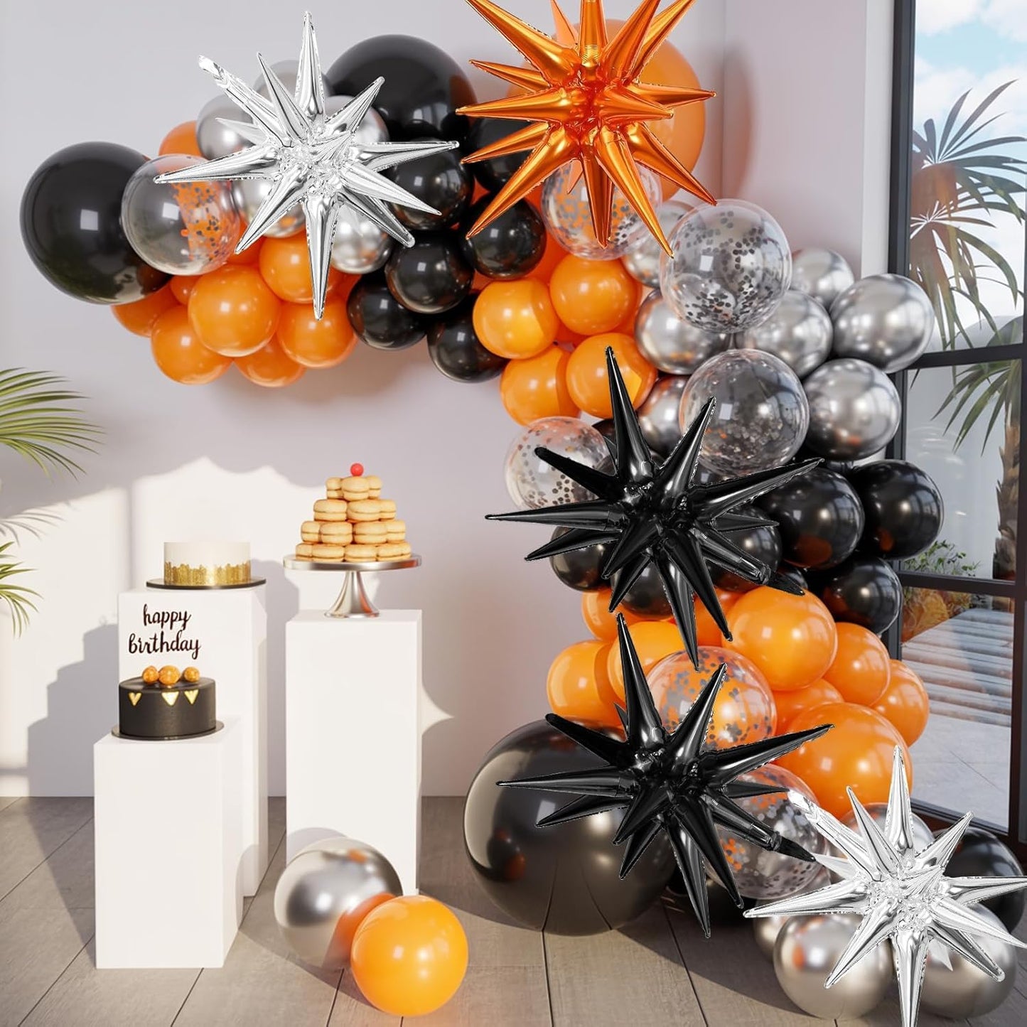 Black Orange Silver Star Balloons,9Pcs 22Inch Black Silver Orange Explosion Spike Cone Helium Polyester Film Star Foil Balloons for Halloween Birthday Anniversary Baby Shower Party Decorations