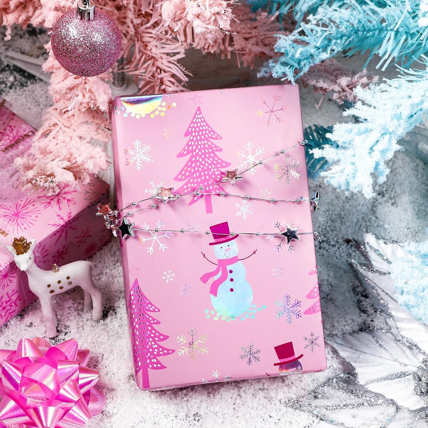 LeZakaa Christmas Pink Wrapping Paper Jumbo Roll, Snowman Christmas Tree & Snowflake Metallic Foil, Rose Gold Foil Reversible Design for Festive Winter Holiday, Family Gathering, 30 inches x 100 Feet