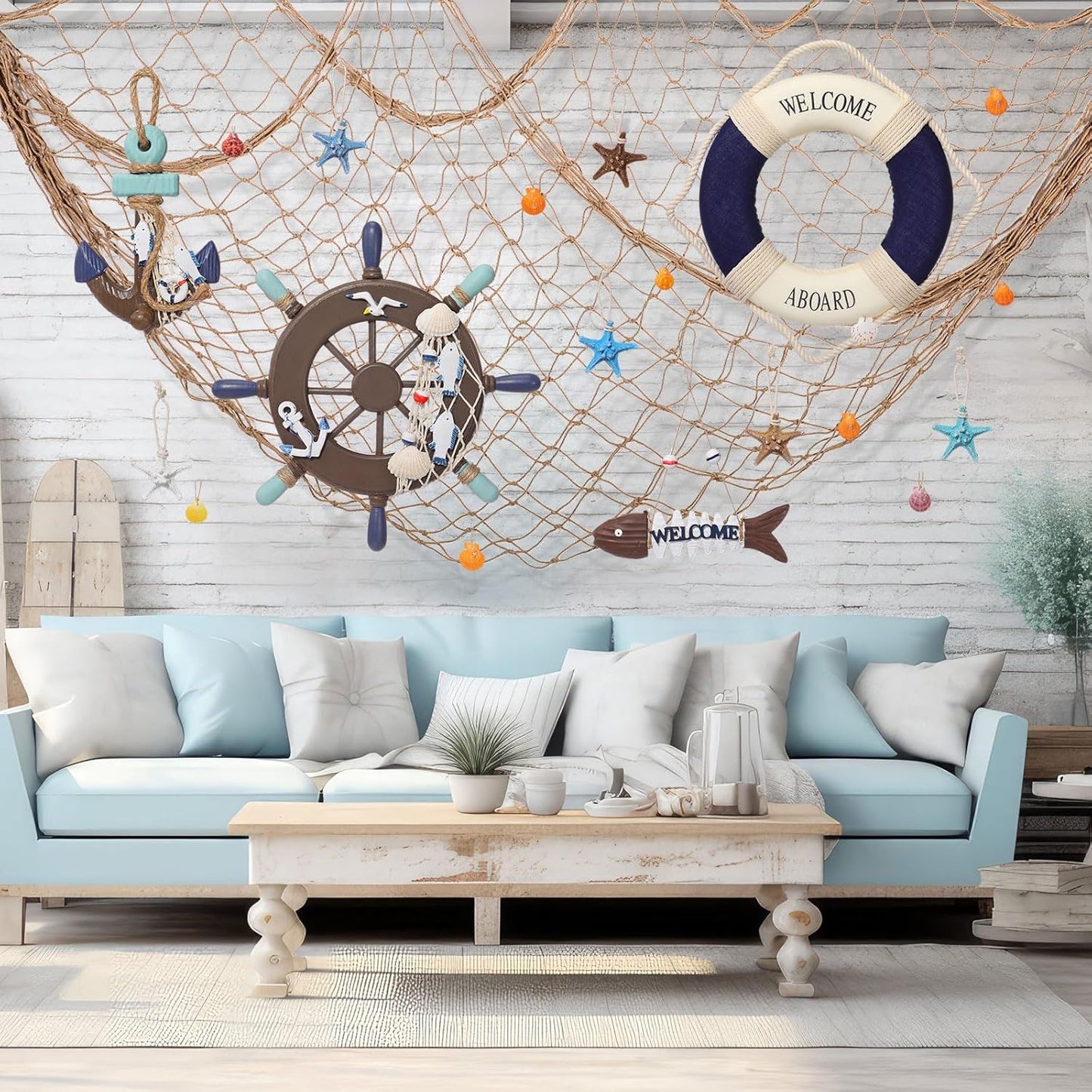 Marsui 11 Pcs Wooden Nautical Wall Decor Fishing Net Decoration, Include Decorative Fishing Net, Ship wheel, Fish Skeleton, Life Ring, Anchor, Starfish Beach Decor for Mediterranean Party (Brown)