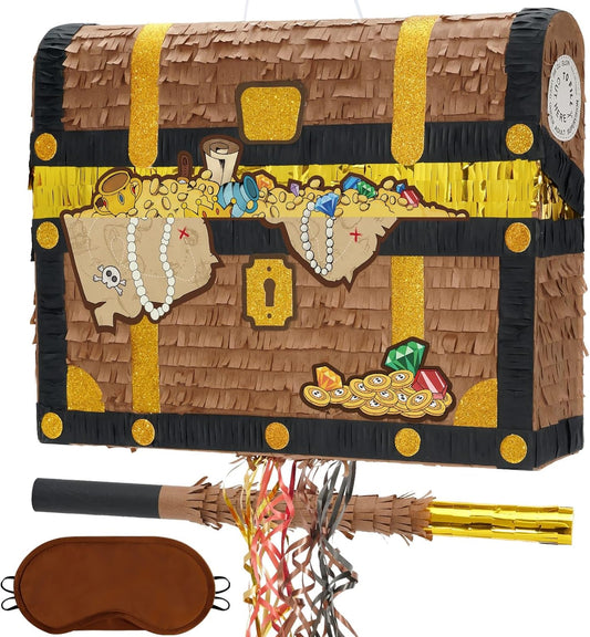 WERNNSAI Treasure Chest Piñata - Pull String Pirate Themed Piñata with Blindfold and Bat Adventure Birthday Party Decoration for Boys Kids Family Games Piñata Adventure Theme Party Supplies