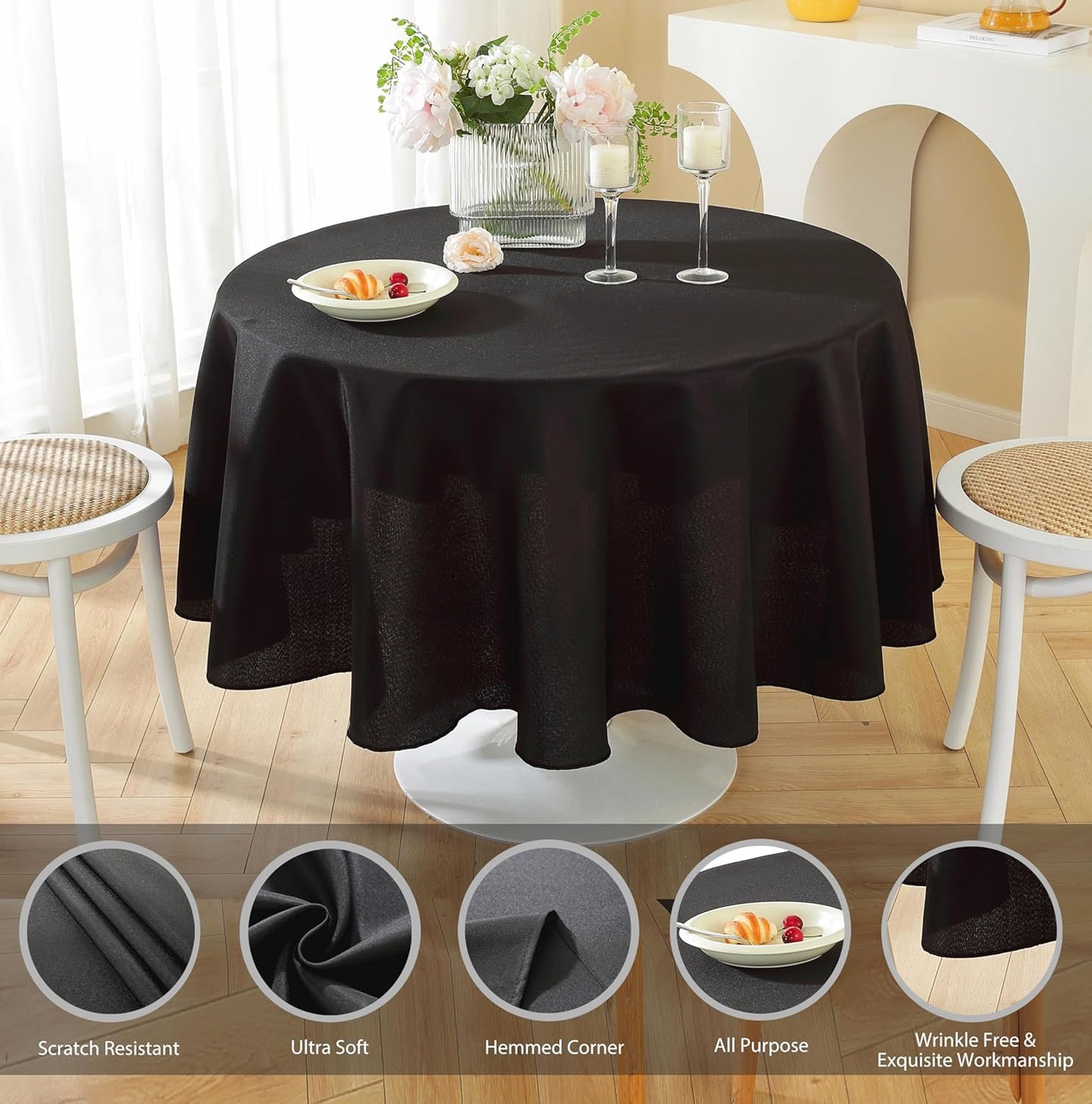 Craft And Party Round Tablecloth, 90 Inch Black Tablecloth, Polyester Fabric Washable Table Cloth for Home, Party, Wedding or Restaurant Use.