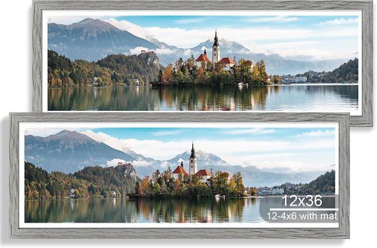 12x36 Picture Frame 2 Packs, Real Glass and Grey Wood Frame, Display Collage Pictures Twelve 4x6 With Mat or Pennant 12 x 36 Without Mat - Horizontal or Vertical Wall Mounting