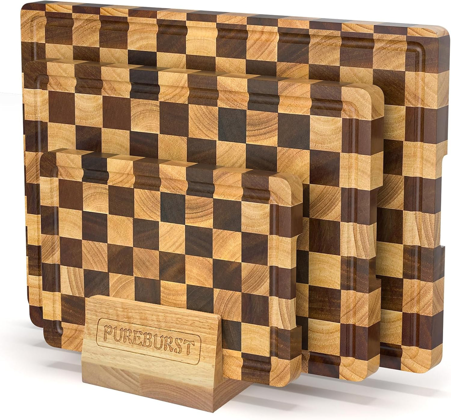 Checkered Cutting Boards for Kitchen, Wood Cutting Board Sets, Walnut Rubber & Wooden Chopping Boards with Anti-Slip Base and Guide Groove, Chessboard Carving Used for Cutting Vegetables Fruits & Meat