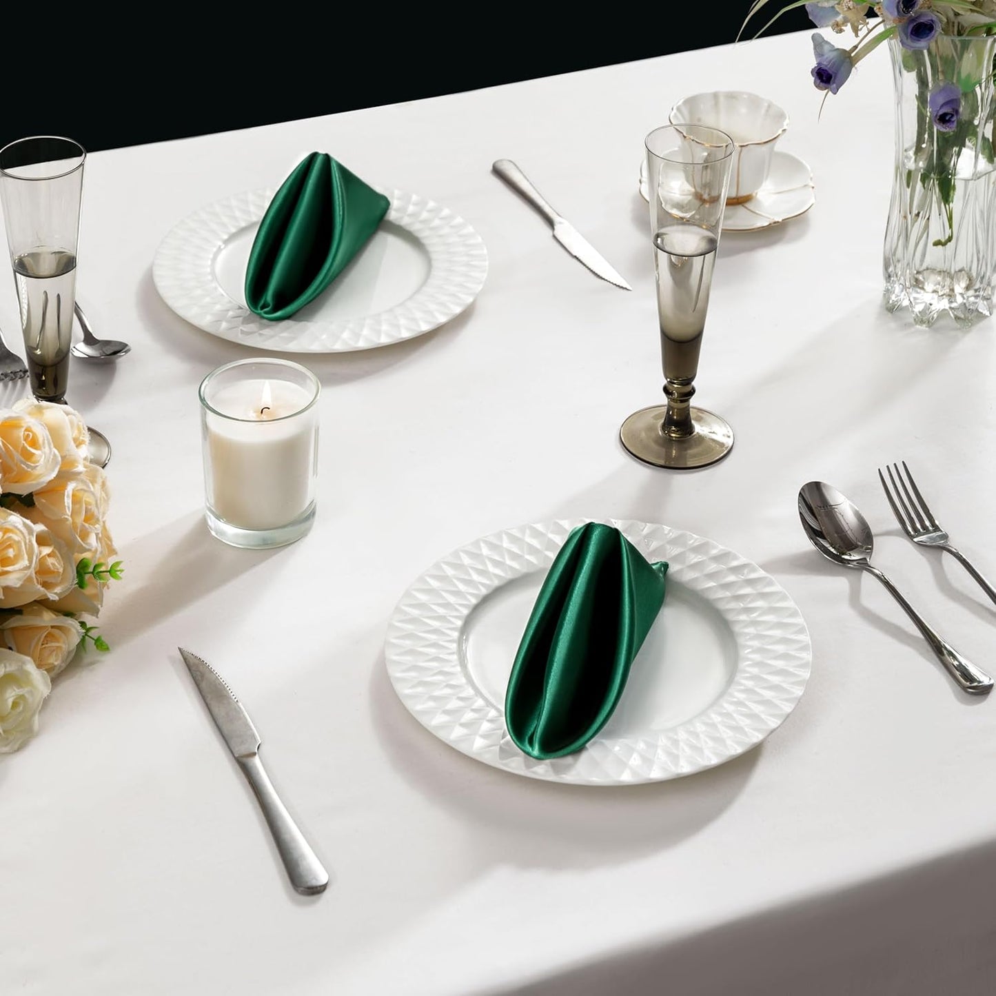 36 Pack Square Satin Dinner Napkins, 16x16 Inches Silky Soft Smooth Table Cloth Napkins for Restaurant Weddings Banquet Party Decoration, Blackish Green