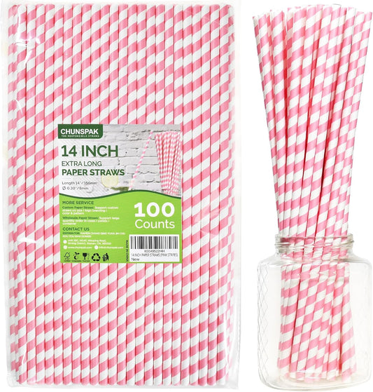 14 inch Extra Long Disposable Pink/White Striped Paper Drinking Straws 0.31" Wide - 100 Counts, Biodegradable