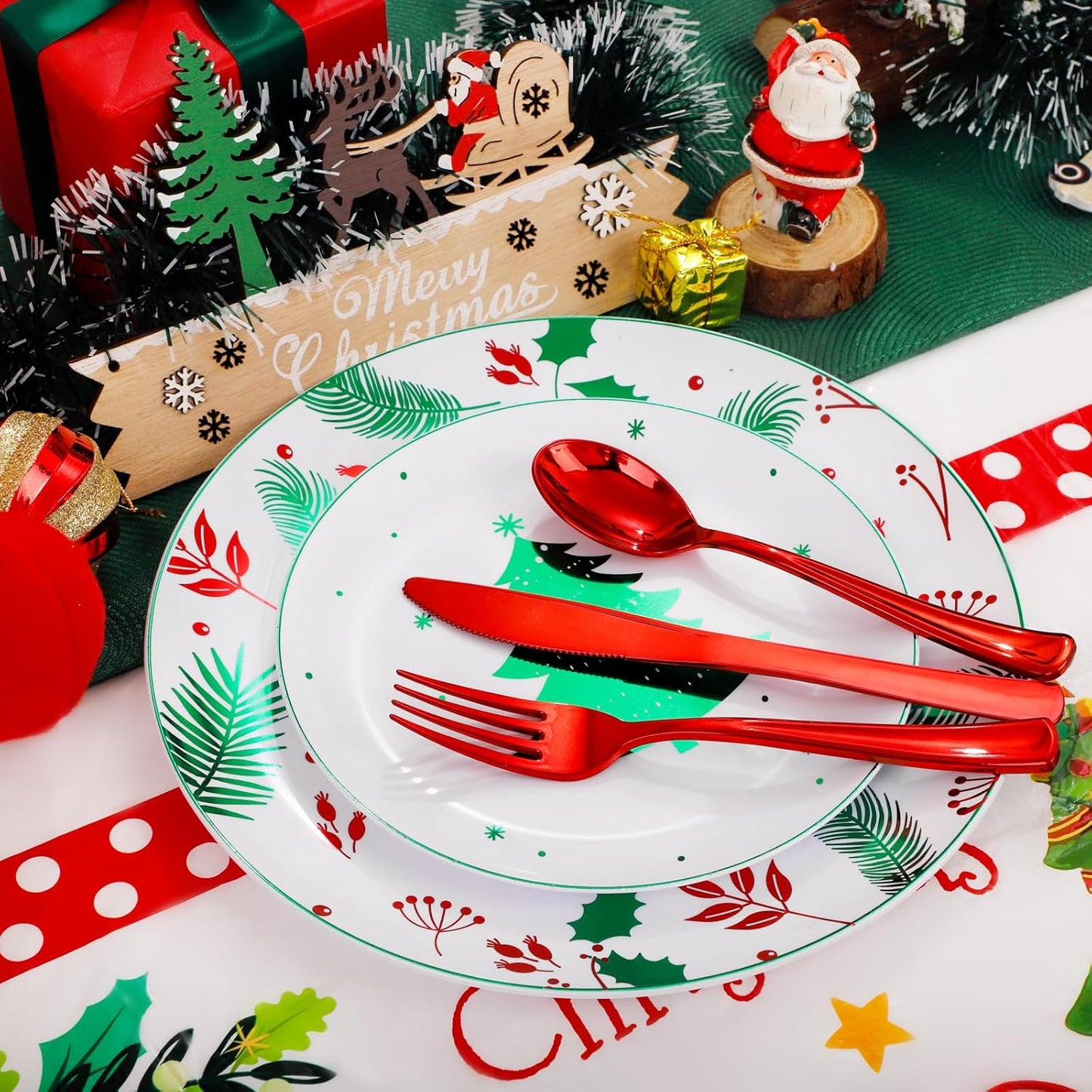Festiva 176Pcs Christmas Plastic Plates Heavy Duty- Christmas disposable Dinnerware Set-include 50Plates 25Plastic Silverware 25Cups 25Holly Berry Napkins