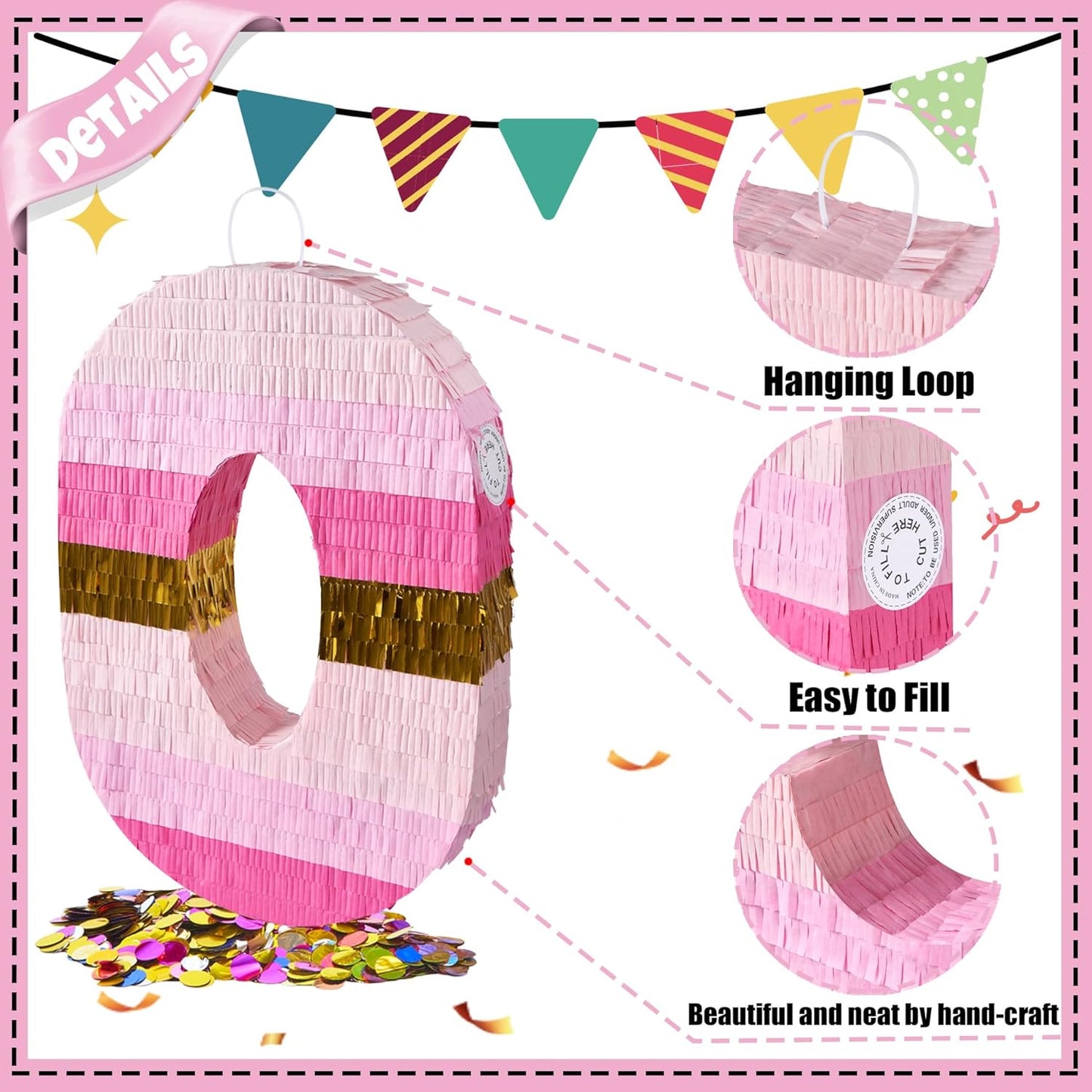 PCFING 20 Inch Number 0 Piñata Pink Gold with 30 Inch Piñata Stick Blindfold Confetti for Boys Girls Adults Birthday Party Decorations, Anniversary Celebration, Fiesta