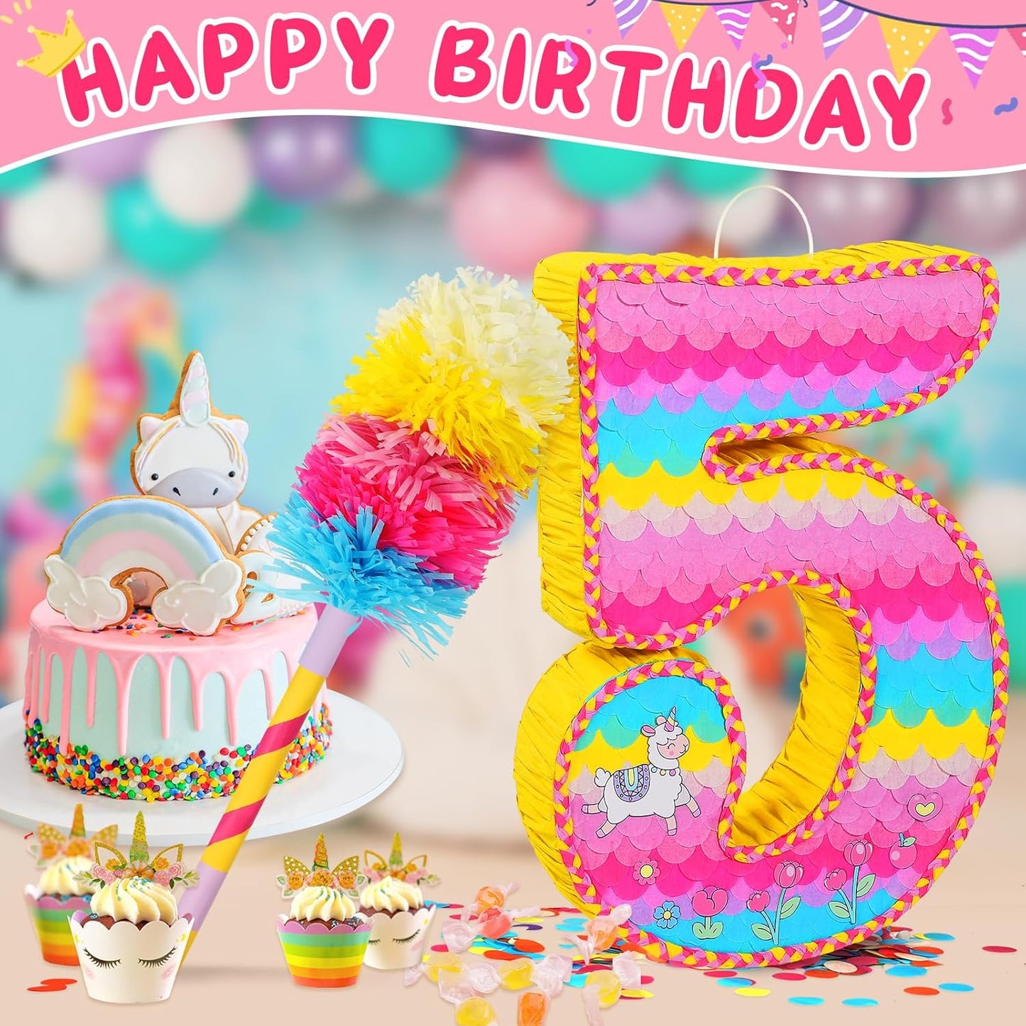 Number 5 Pinata for Birthday Party Decorations, Unicorn Mermaid Theme Pink Piñata Games Toy (5th)