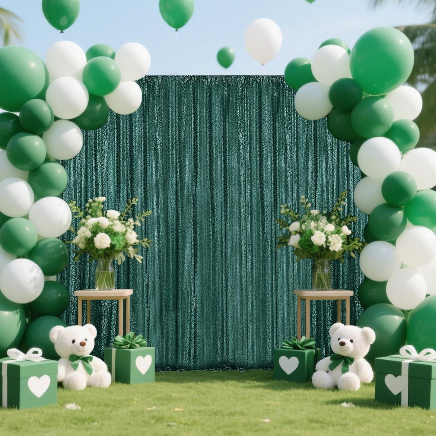 Dark Green Sequin Backdrop Curtain 2 Pieces 2FTx8FT Glitter Photography Backdrop for Party Wedding Birthday Christmas Decorations