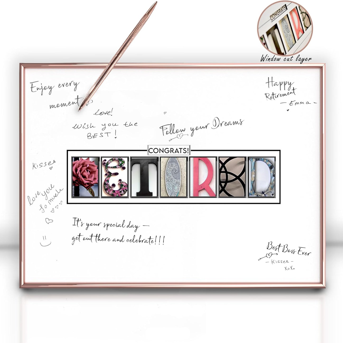 Framed Retirement Decorations Guest Book for Womens 12"x16" Rose Gold Frame - Window Cut Design - Including Gold Pen & Acrylic Glass - Retired Party Decor Gifts for Her