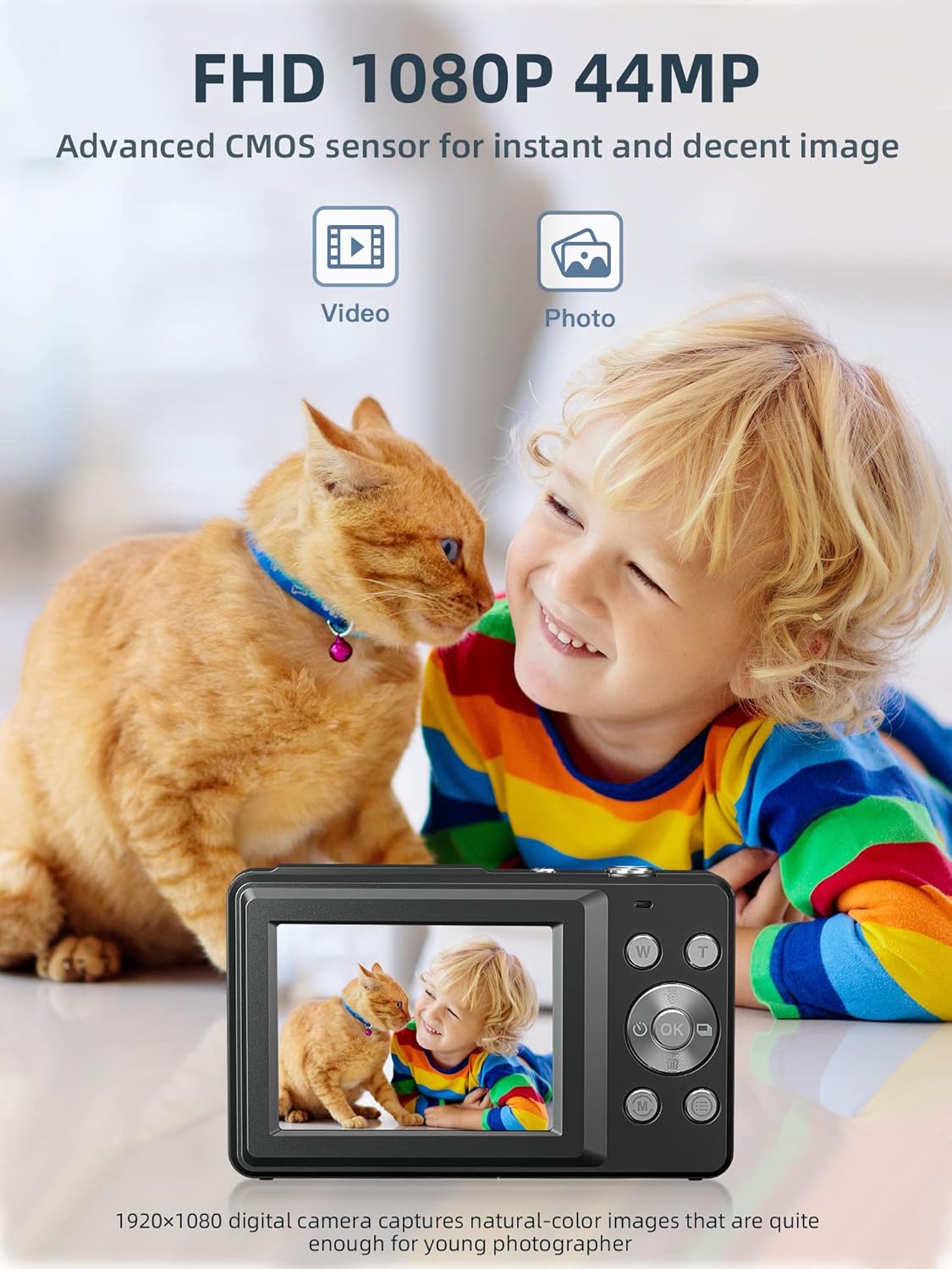 Small Digital 44MP Point and Shoot Compact Camera with 32GB SD Card, Two Batteries, Lanyard, FHD 1080P, 16X Zoom for Kids Boys Girls, Black