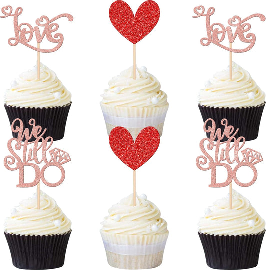24 PCS We Still Do Cupcake Toppers Glitter Love Heart Bridal Shower Cupcake Picks for Wedding Engagement Bridal Shower Theme Party Cake Decorations Supplies Rose Gold