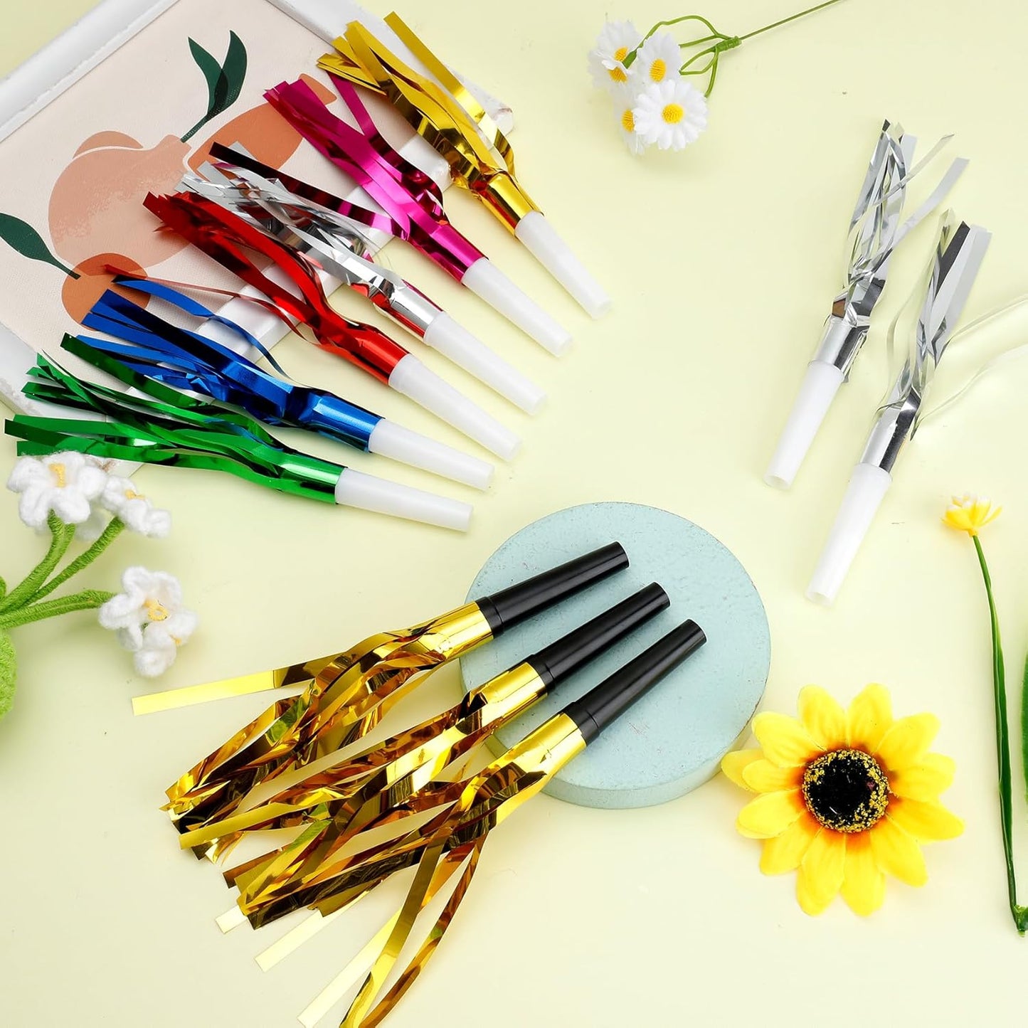 Party Blowers, 24 PCS New Years Noise Makers, Gold Glitter Metallic Fringed Party Favors Blowouts, Blow Horns Whistles for Kids Birthday Graduations Christmas Weddings Family Sporting Events Supplies