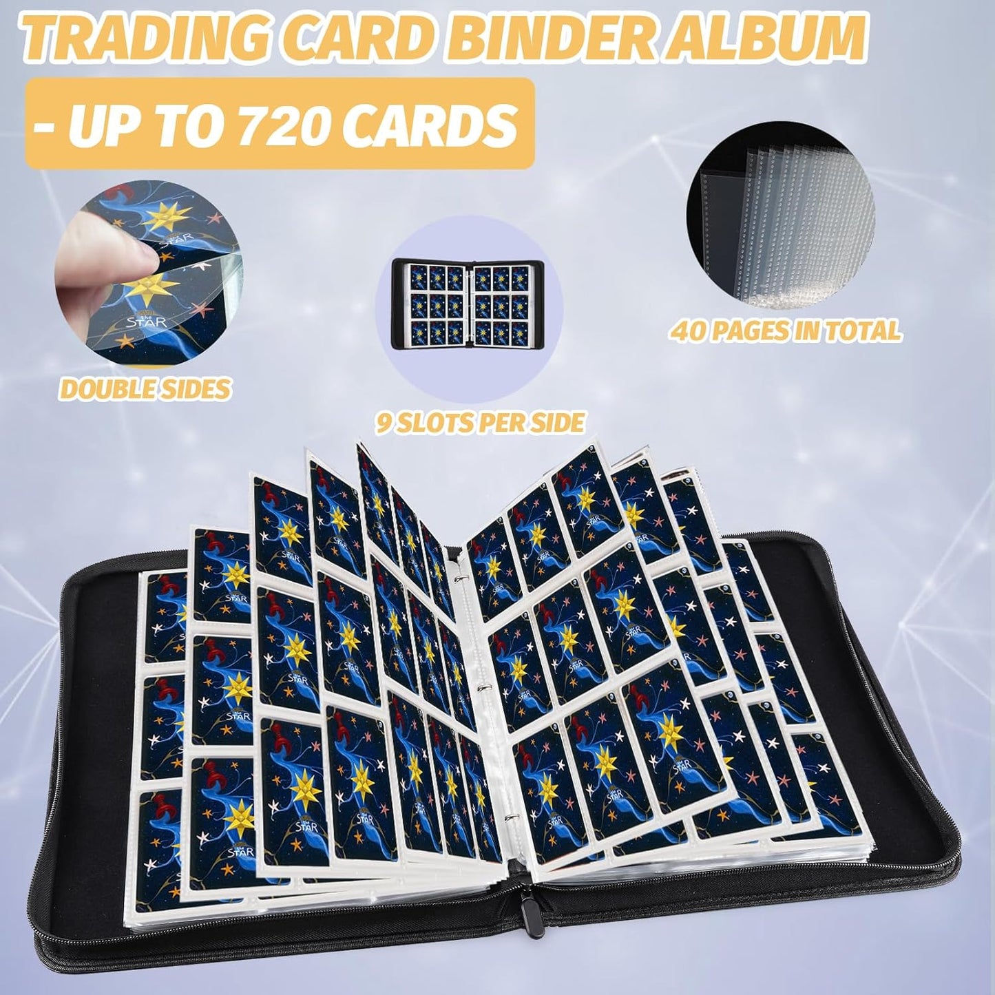 Trading Card Binder for MTG Cards, Premium 9 Pocket Card Binder, 720 Double Sided Pocket Collector Card Album for Standard Cards,Card Collection Folder for YGO/PTCG/Game Cards (Yellow Print)