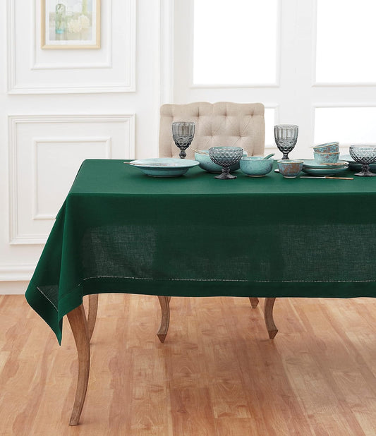 Solino Home Linen Tablecloth 60 x 120 Inch - Classic Hemstitch 100% Pure Linen Rainforest Green Table Cloth for Rectangle Tables - Machine Washable Tablecloth for Fall, Thanksgiving, Christmas