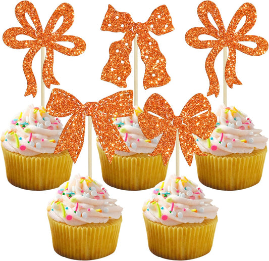 Ephlyn 24Pcs Bow Cupcake Toppers Bow Birthday Cake Topper Girls Birthday Party Decorations Bowknot Cupcake Decorations for Bridal Baby Shower Birthday Wedding Themed Party Orange