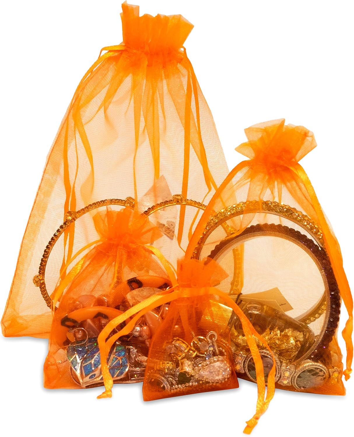 TheDisplayGuys 100-Pack 4x6 Orange Sheer Organza Gift Bags with Drawstring, Goodie Bags for Jewelry, Candy, Treat, Wedding Favors Small Mesh, Halloween, Mother's Day, Father's Day